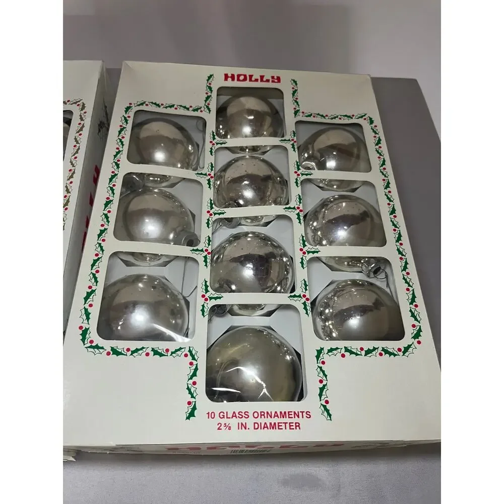 Vintage Holly Glass Christmas Ornaments 2 Boxes of 10 Large 2 5/8 in USA